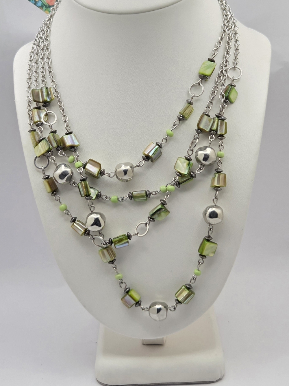 Multi Strand Layered Green Shell & Silver Tone Bead Statement Necklace 16"